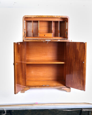 Art Deco Burl Wood Fall-Front Bureau Cabinet with Original Knobs
