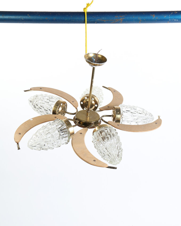 Mid Century Brass Chandelier with Textured Glass Shades
