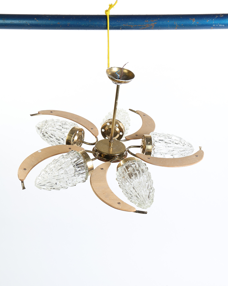 Mid Century Brass Chandelier with Textured Glass Shades
