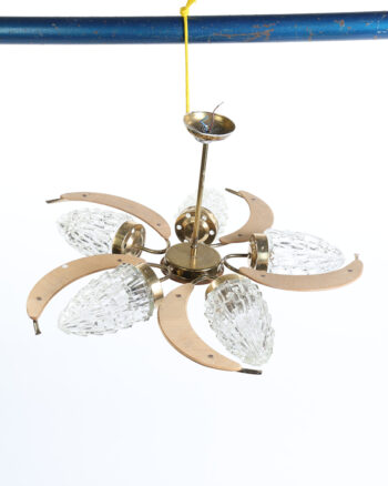 Mid Century Brass Chandelier with Textured Glass Shades