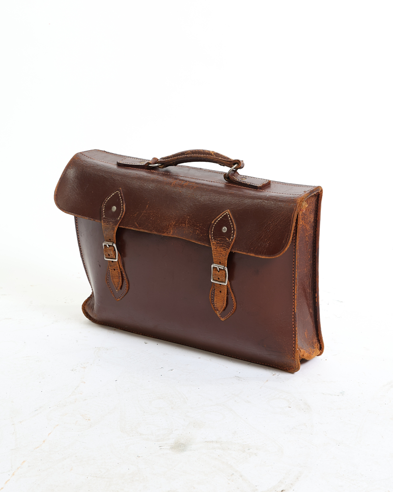 Vintage Brown Leather Briefcase Satchel with Double Buckle Fastenings