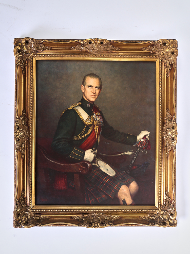 Vintage Portrait of Prince Philip in Military Uniform with Ornate Gold Frame