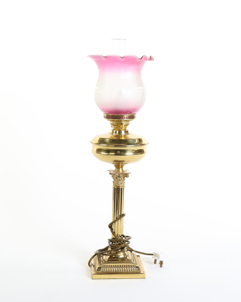 Victorian Brass & Glass Oil Lamp Table Lamp with Pink Frosted Shade