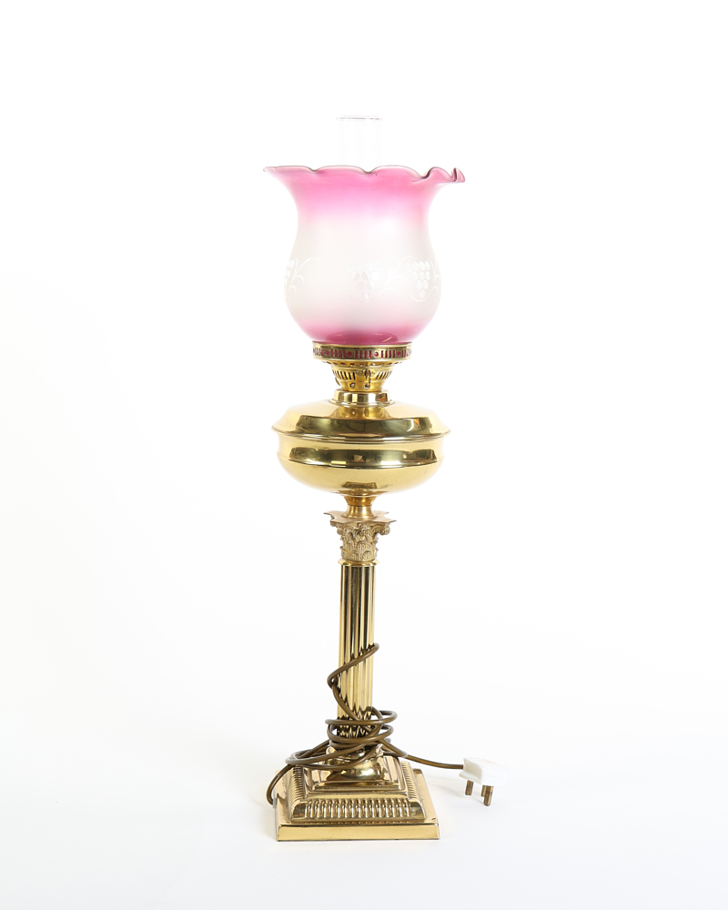 Victorian Brass & Glass Oil Lamp Table Lamp with Pink Frosted Shade