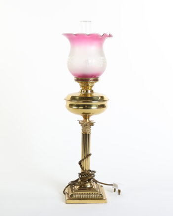 Victorian Brass & Glass Oil Lamp Table Lamp with Pink Frosted Shade