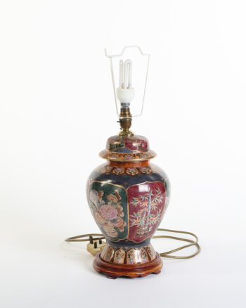 Vintage Oriental Ceramic Table Lamp with Floral and Bamboo Panels
