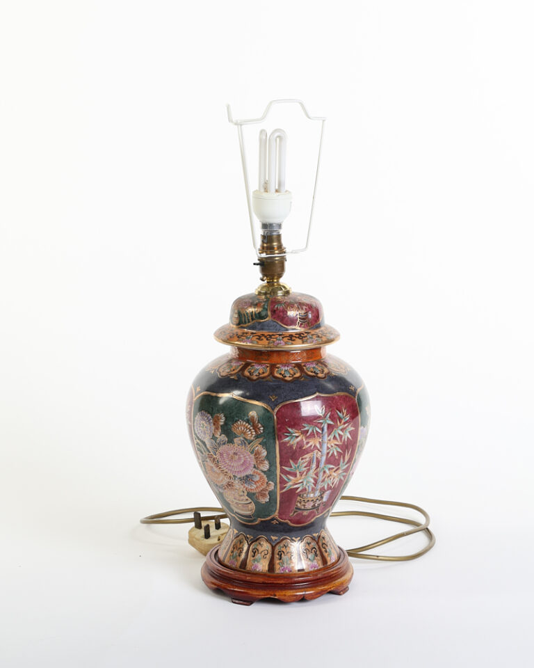 Vintage Oriental Ceramic Table Lamp with Floral and Bamboo Panels