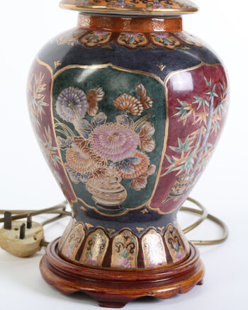 Vintage Oriental Ceramic Table Lamp with Floral and Bamboo Panels