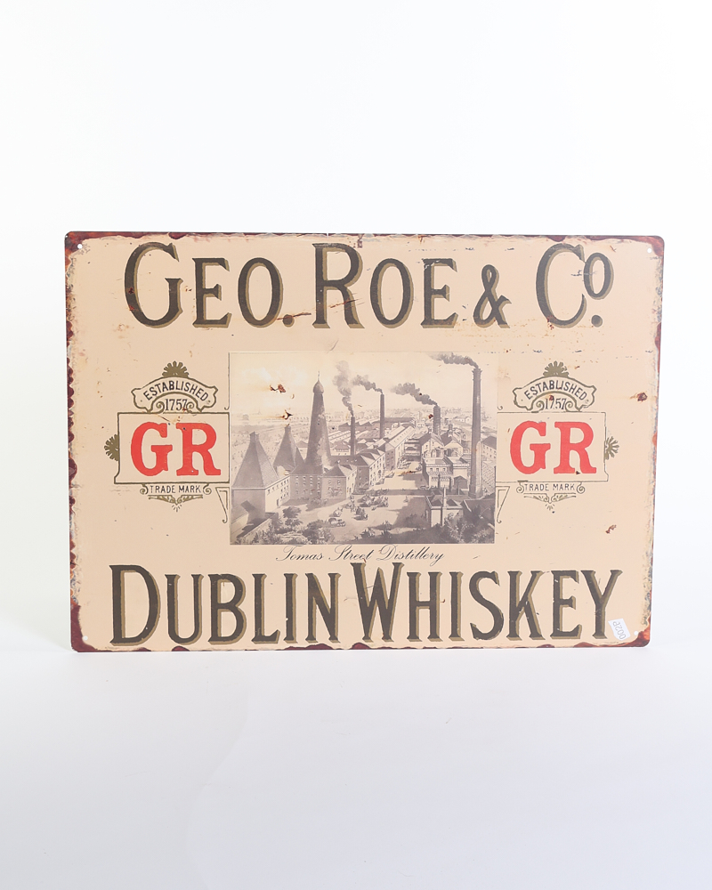 Retro Geo. Roe & Co Dublin Whiskey Metal Sign with Distillery Illustration