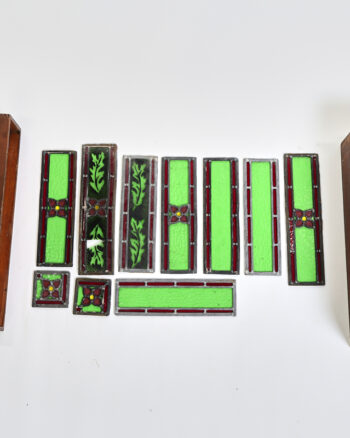 Vintage Green & Red Leaded Stained Glass Panels with Floral Detail