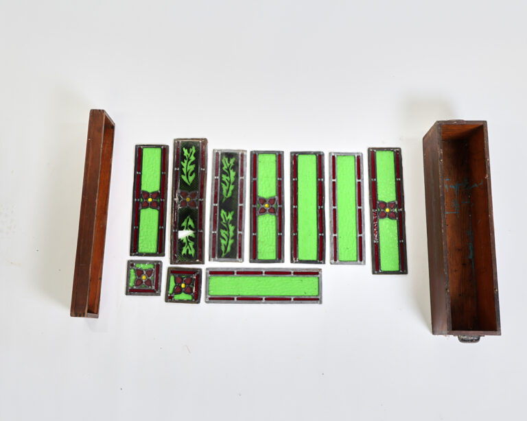 Vintage Green & Red Leaded Stained Glass Panels with Floral Detail