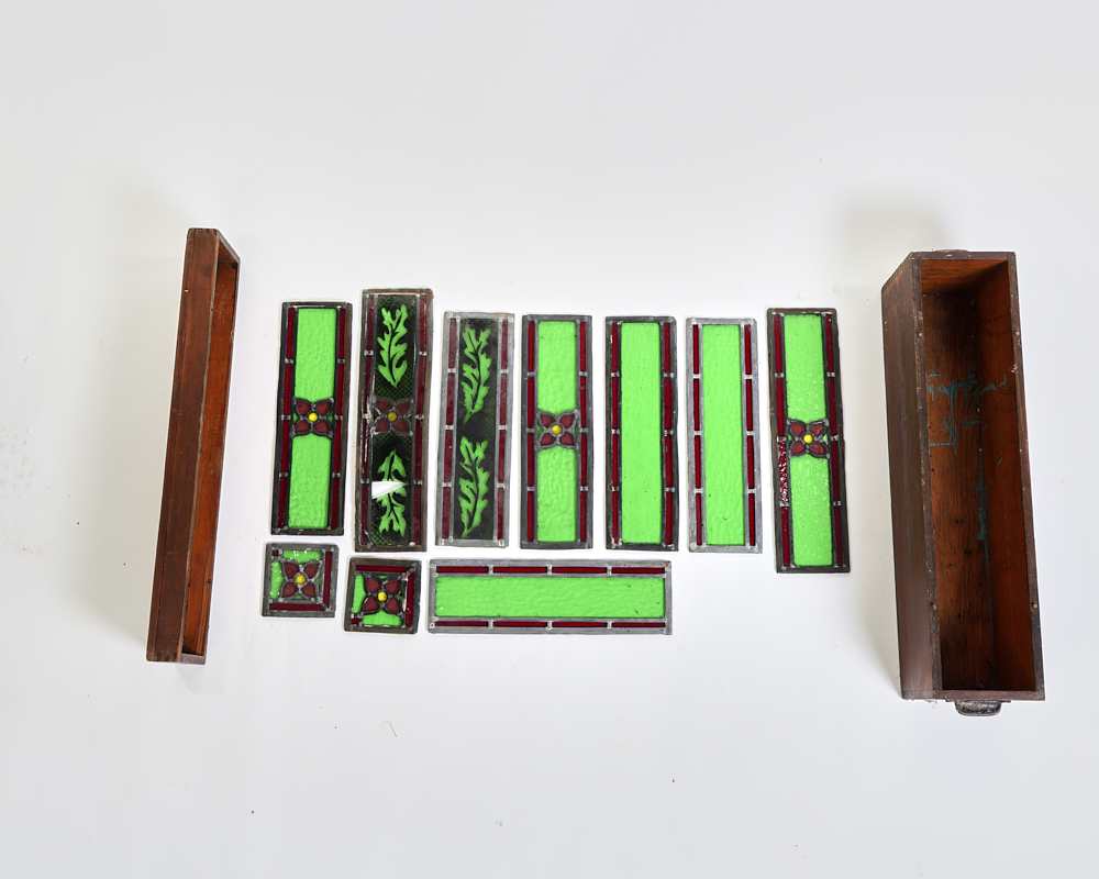Vintage Green & Red Leaded Stained Glass Panels with Floral Detail
