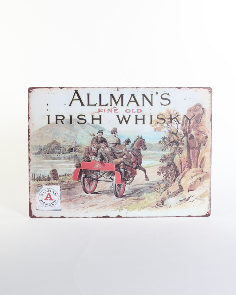 Vintage Metal Allman's Irish Whisky Sign with Horse Drawn Cart