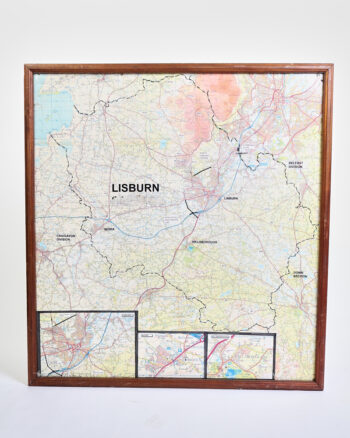 Vintage Framed Lisburn Northern Ireland Road Map with Wood Frame