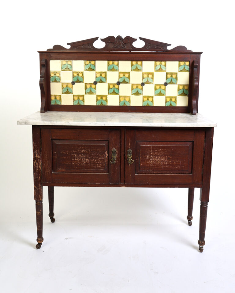 Victorian Mahogany Washstand with Marble Top and Ceramic Tiled Backsplash