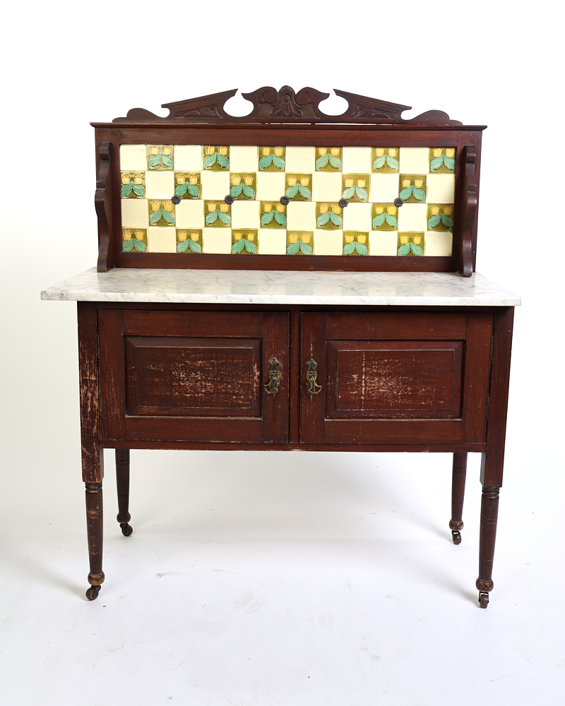 Victorian Mahogany Washstand with Marble Top and Ceramic Tiled Backsplash