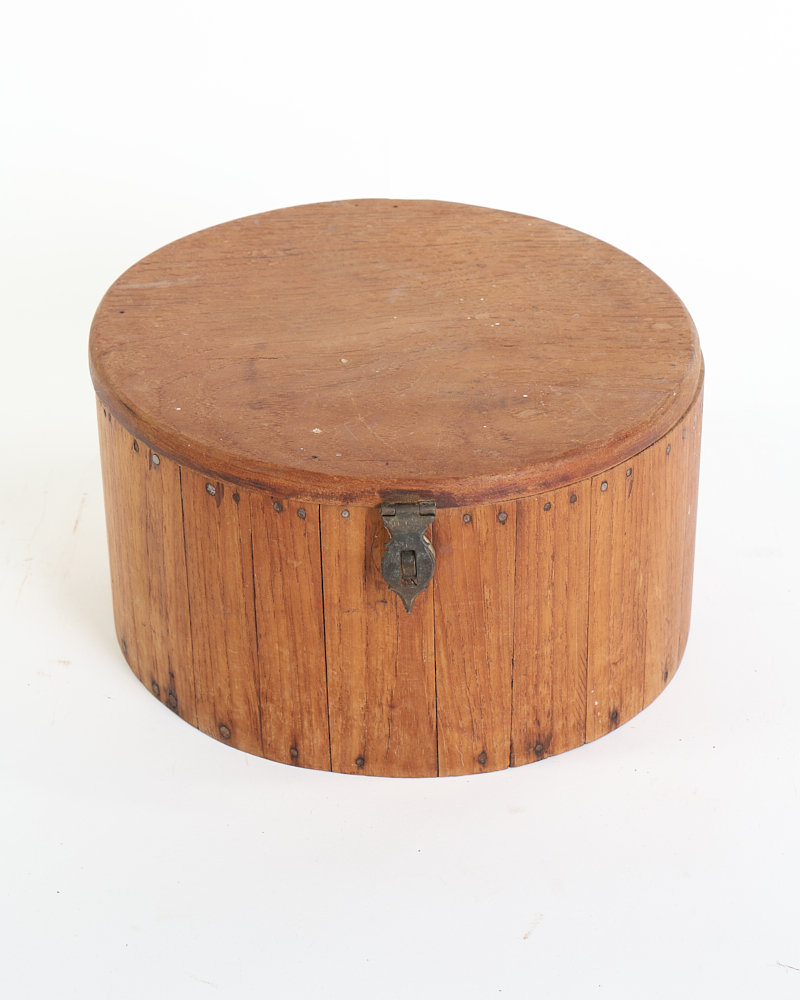 Vintage Round Wooden Storage Box with Rustic Metal Latch