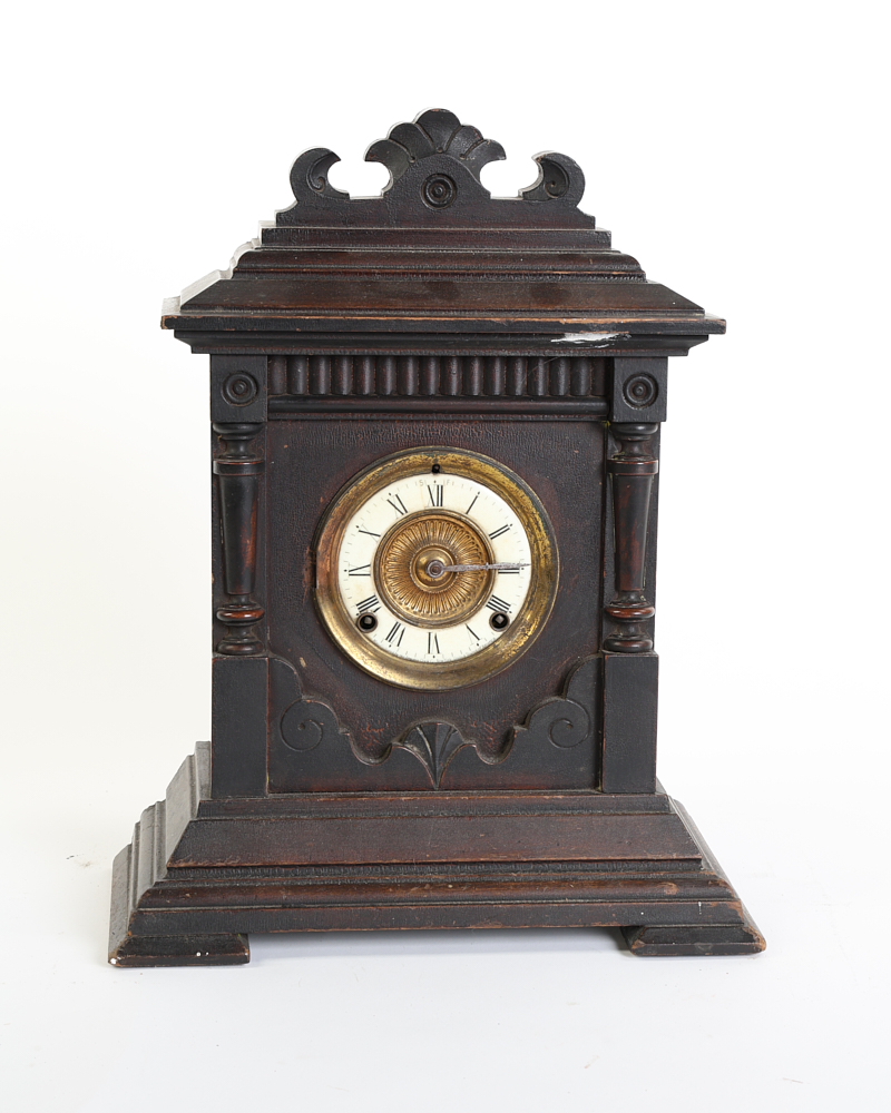 Antique Wooden Mantel Clock with Ornate Carved Detail