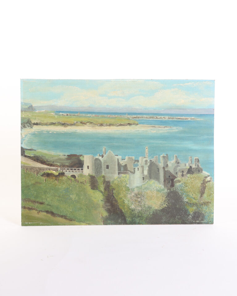 Coastal Castle Ruin Oil Painting on Board with Seascape View