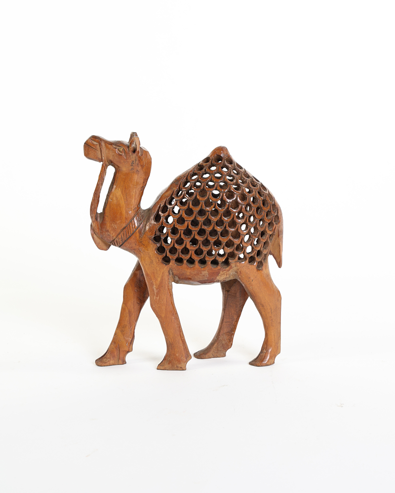 Vintage Hand-Carved Wooden Camel Figurine with Openwork Body