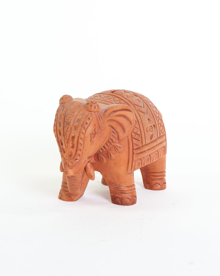 Indian Carved Terracotta Elephant Figurine with Intricate Details