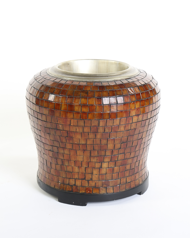 Retro Wood Mosaic Decorative Pot with Silver Metal Rim