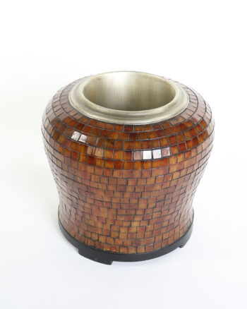 Retro Wood Mosaic Decorative Pot with Silver Metal Rim