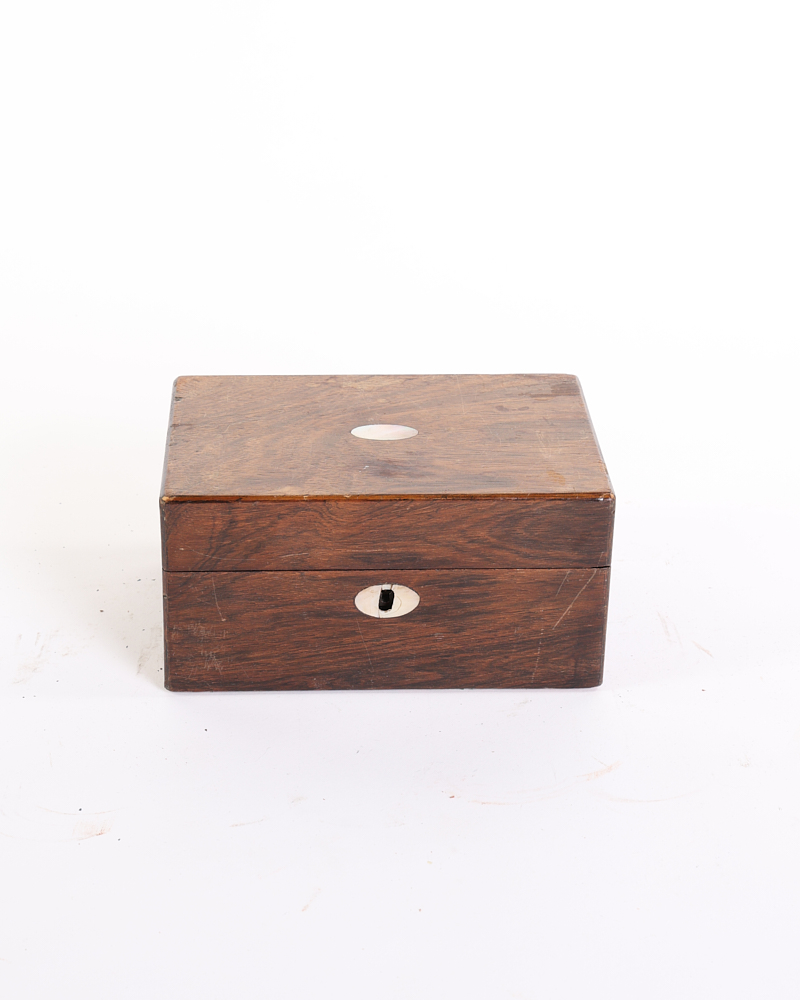 Victorian Wood Keepsake Box with Inlaid Escutcheon, Quilted Lining