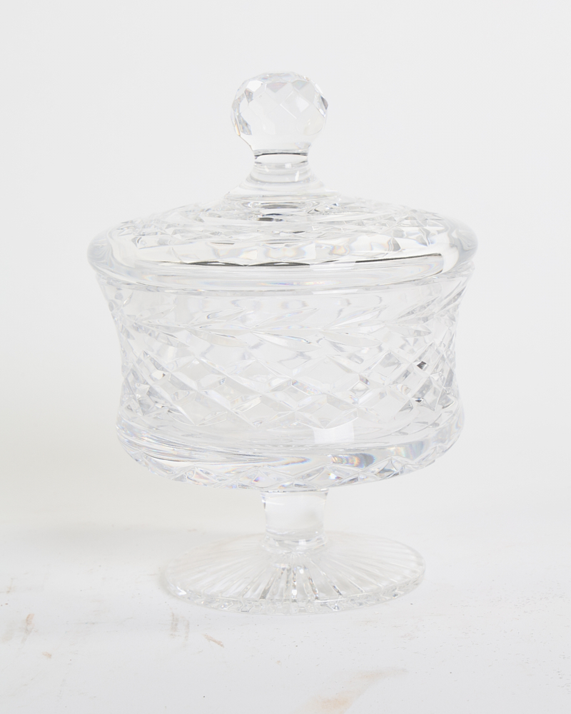 Vintage Crystal Glass Lidded Candy Dish with Cut Diamond Pattern
