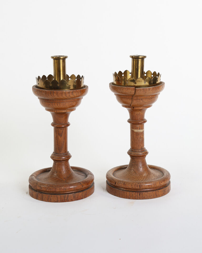 Edwardian Turned Wood and Brass Ecclesiastical Candle Sticks
