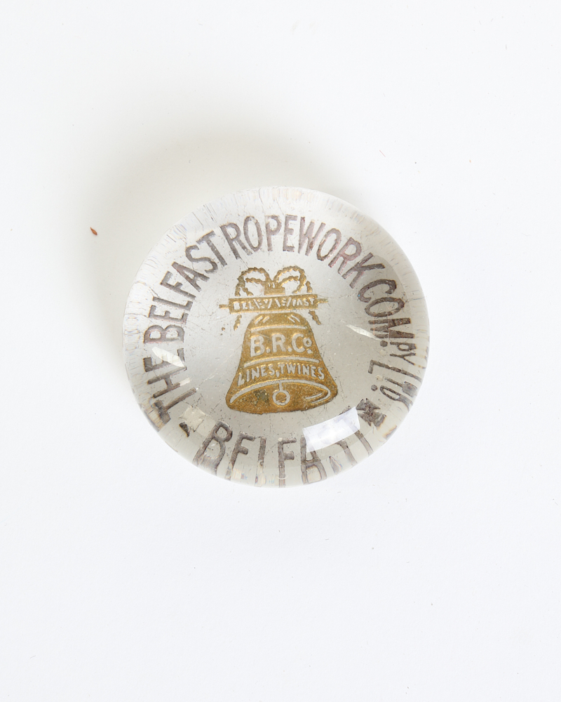 Vintage Glass Paperweight with Belfast Ropework Co. Logo