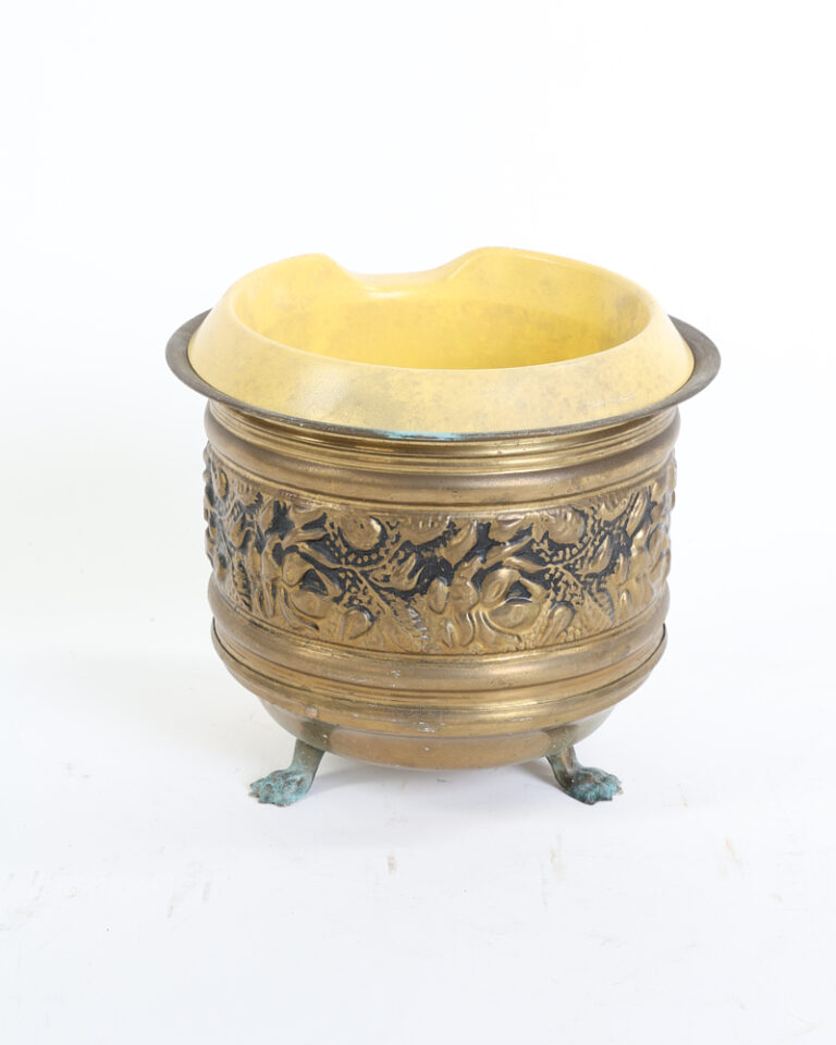 Vintage Brass Planter with Embossed Floral Design and Claw Feet