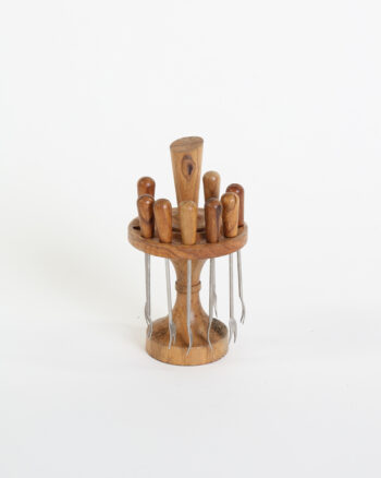 Vintage Wood Cocktail Fork Set with Stand