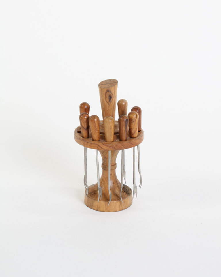 Vintage Wood Cocktail Fork Set with Stand