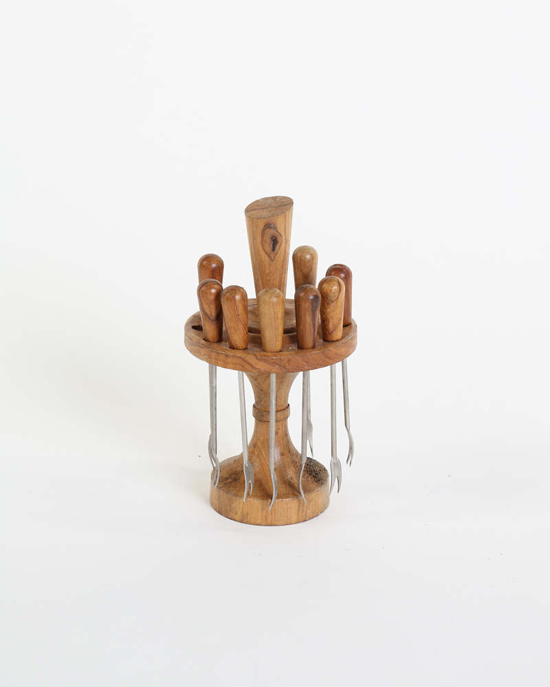 Vintage Wood Cocktail Fork Set with Stand