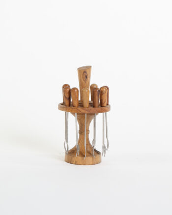 Vintage Wood Cocktail Fork Set with Stand