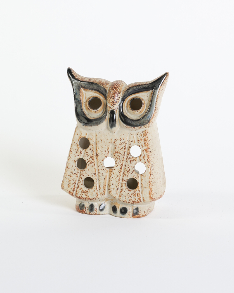 Vintage Ceramic Owl Tea Light Holder with Speckled Glaze
