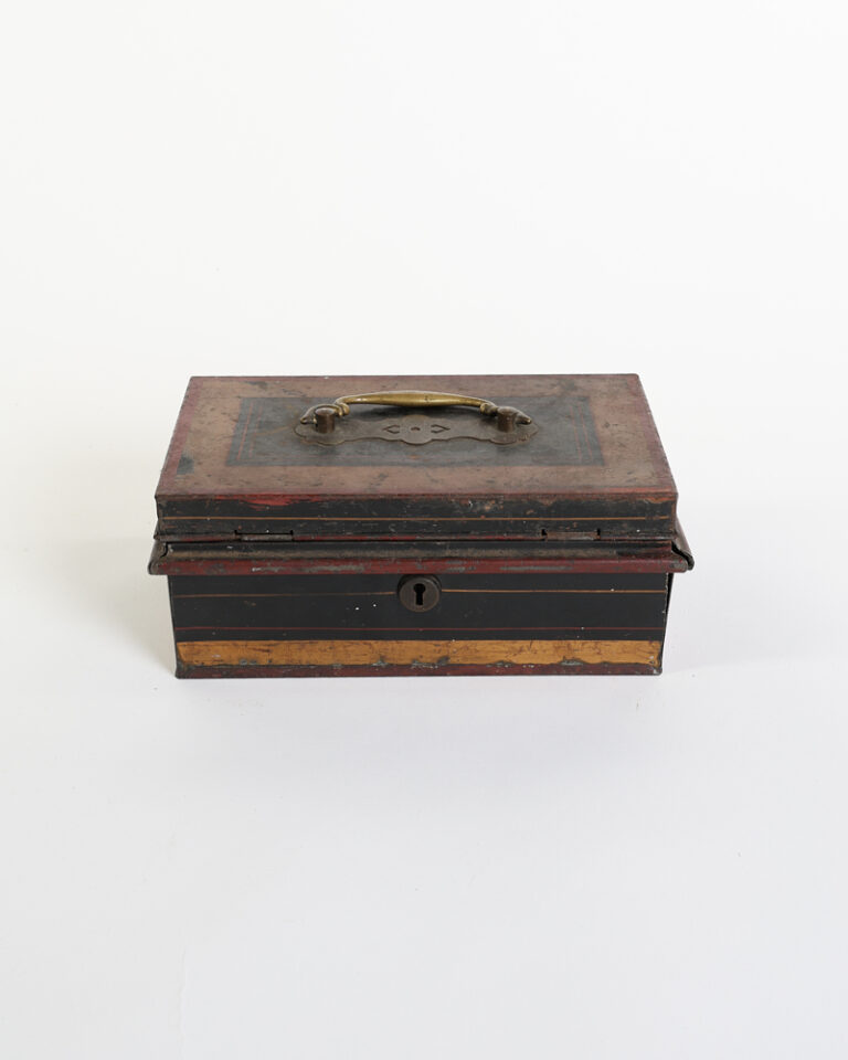 Vintage Black Tin Cash Box with Brass Carry Handle