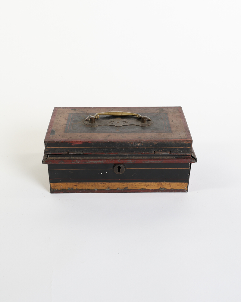 Vintage Black Tin Cash Box with Brass Carry Handle