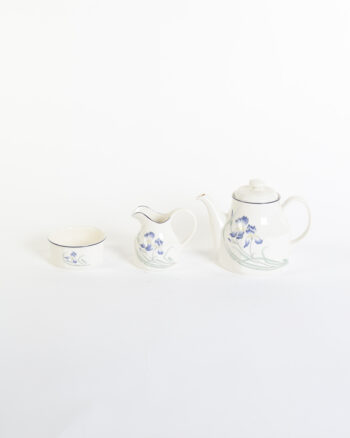 Ceramic Teapot, Creamer, and Sugar Bowl Set with Blue Floral Design