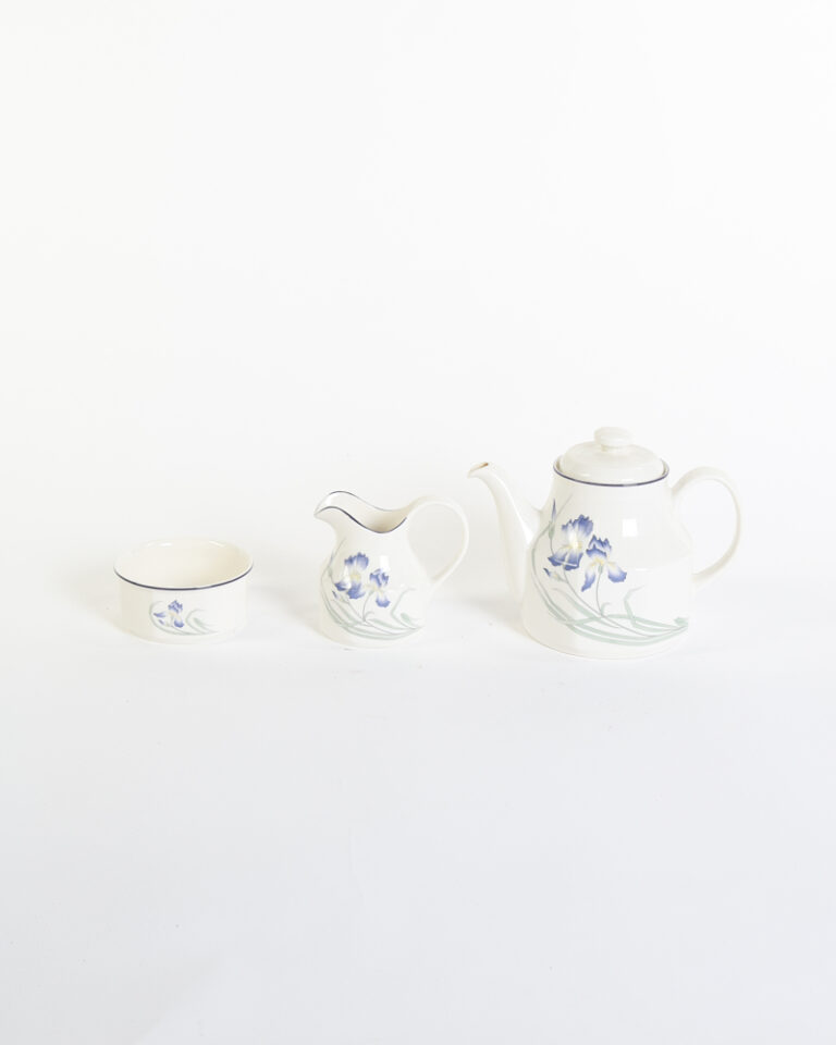 Ceramic Teapot, Creamer, and Sugar Bowl Set with Blue Floral Design