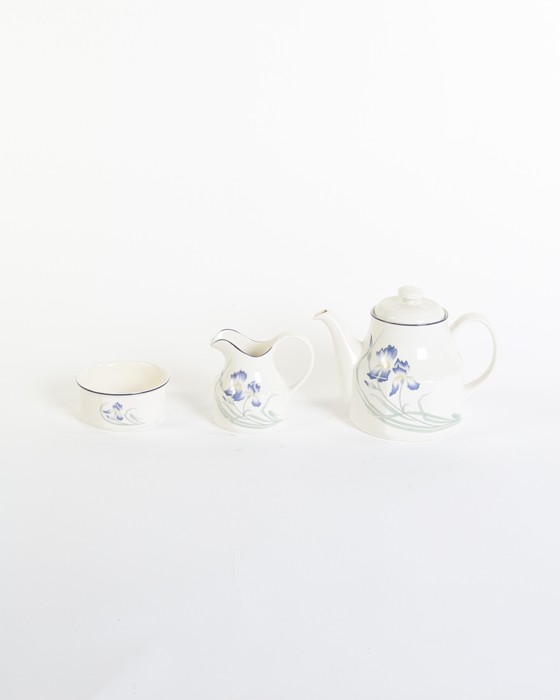Ceramic Teapot, Creamer, and Sugar Bowl Set with Blue Floral Design