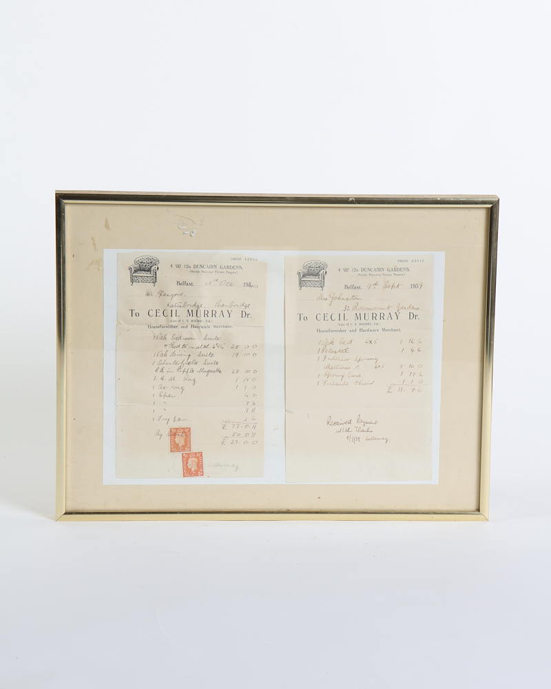 Vintage Framed Belfast Furniture Invoices 1930s with British Stamps