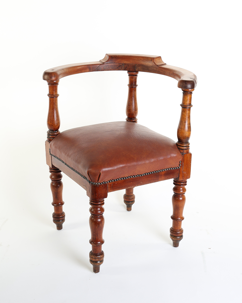 Victorian Wooden Corner Chair with Tan Leather Seat
