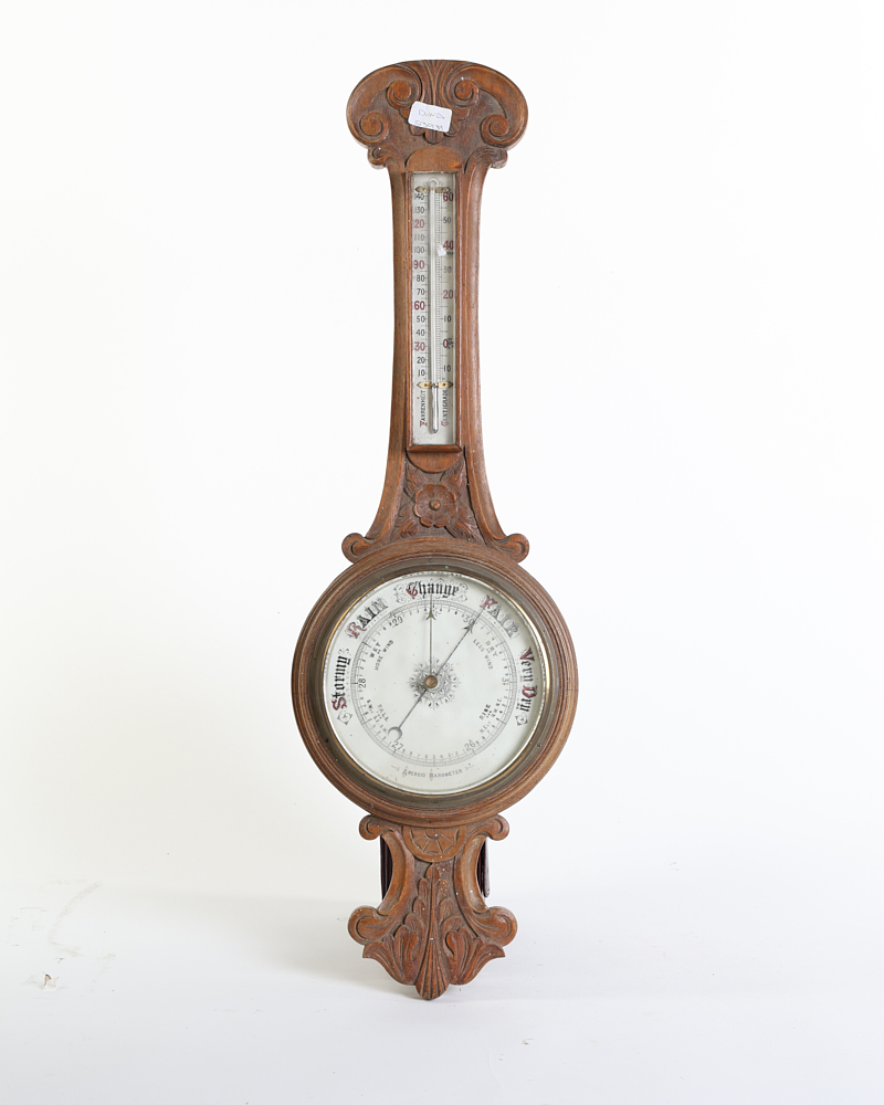 Victorian Carved Wood Aneroid Barometer with Thermometer