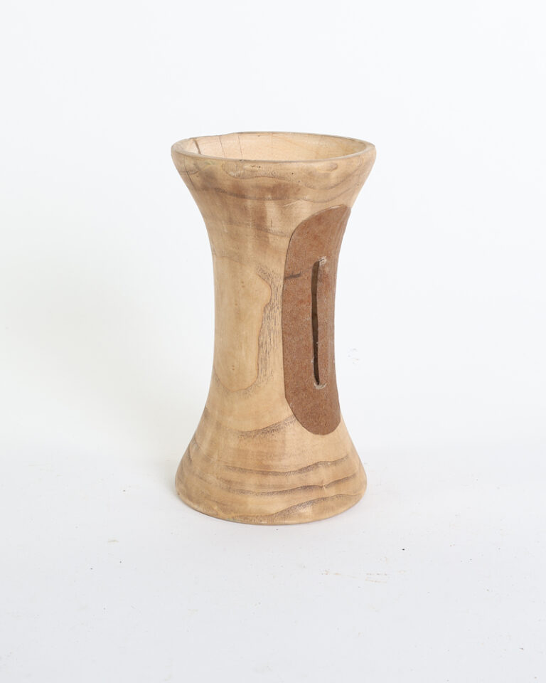 Rustic Wood Vase with Brown Leather Inlay