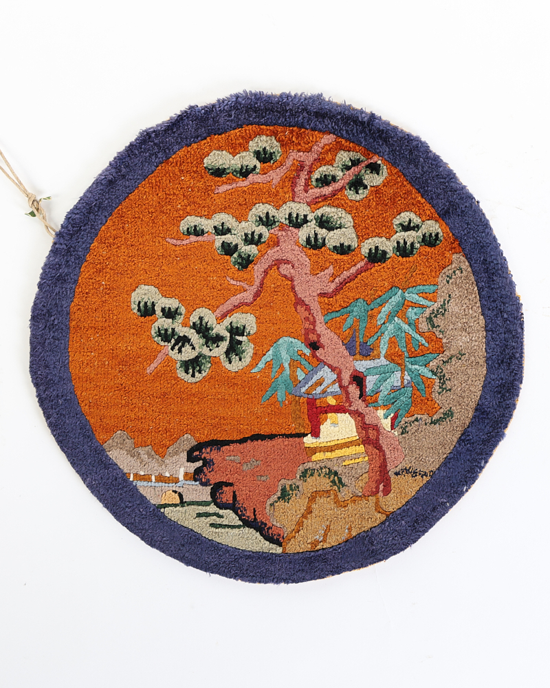 Vintage Oriental Hooked Rug with Tree & Pagoda Scene – NB17