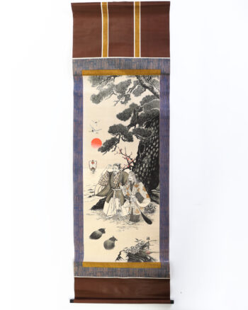 Vintage Japanese Hanging Scroll with Pine Tree and Figures