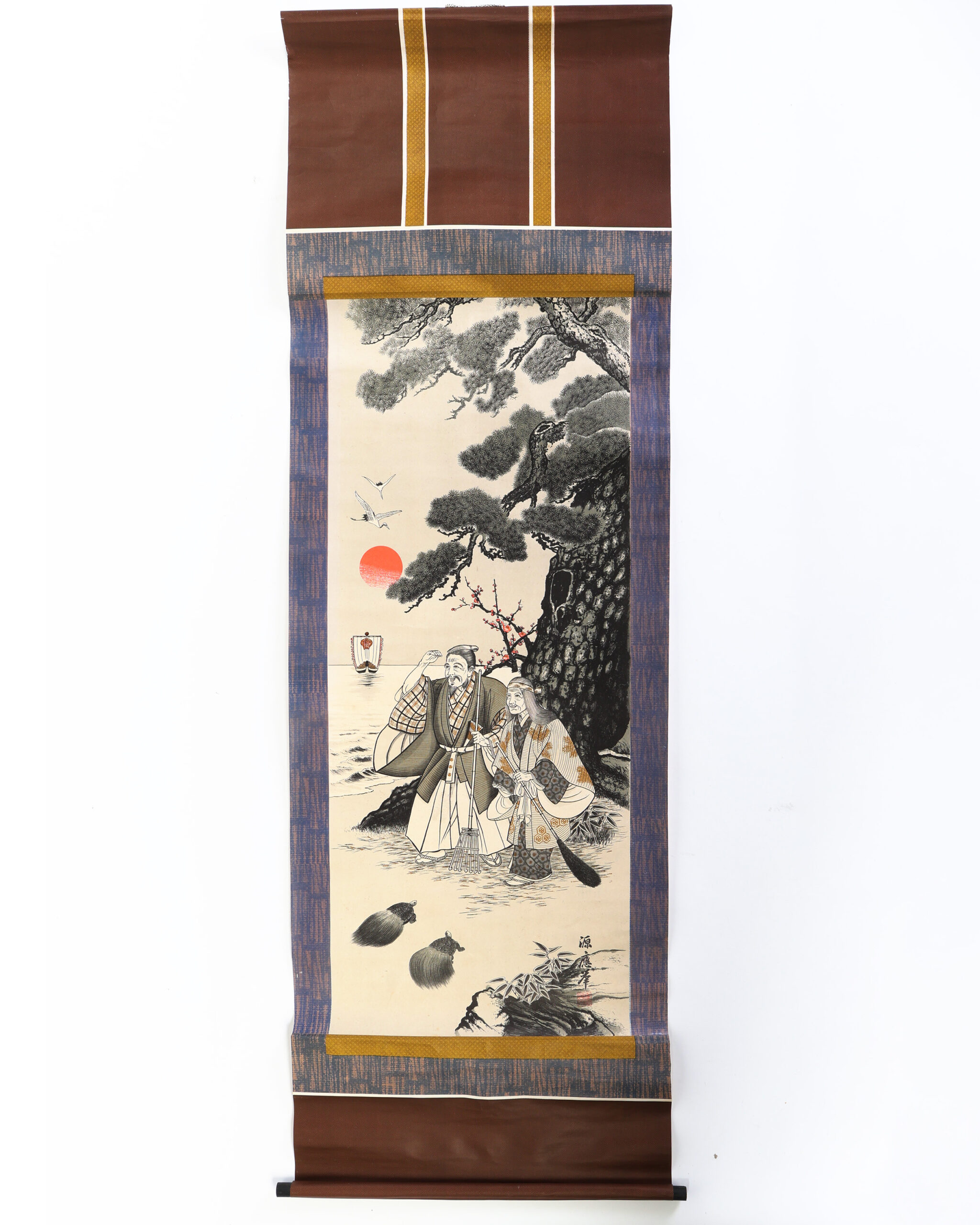 Vintage Japanese Hanging Scroll with Pine Tree and Figures