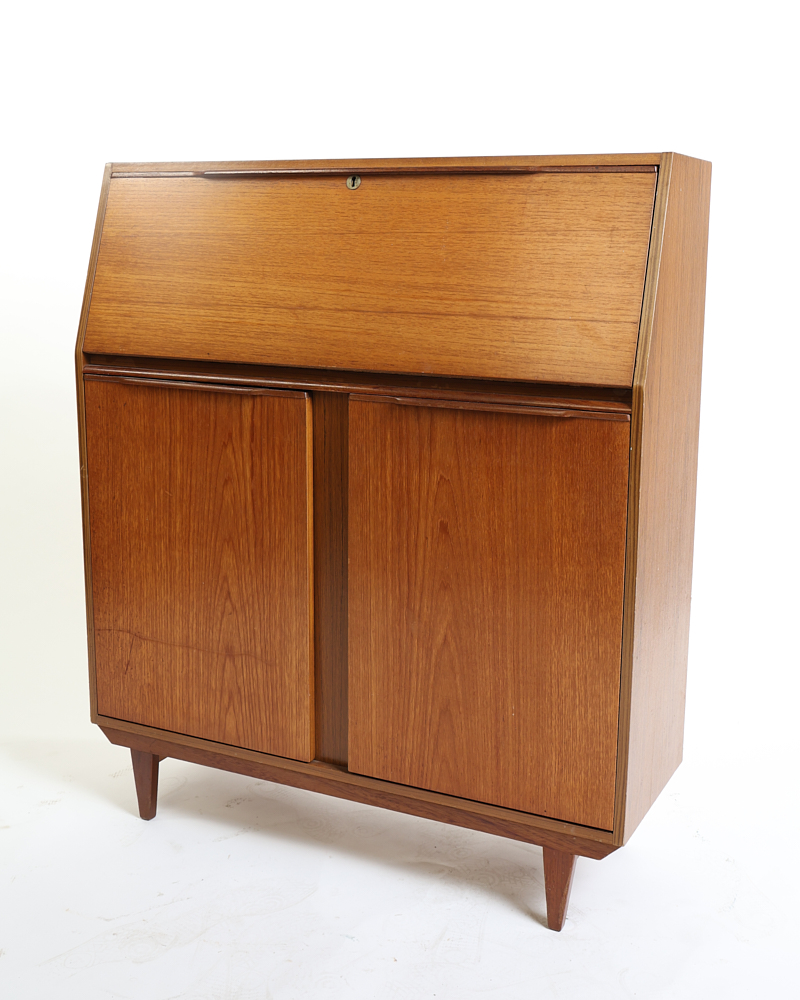 Mid Century Teak Fall-Front Bureau with Storage